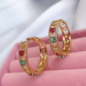 Hoop earring studded with colorful hearts.